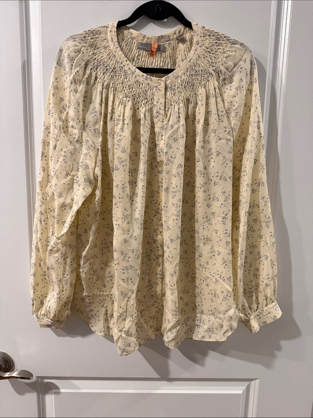 Vince Cream Blouse with Blue Floral Smocking